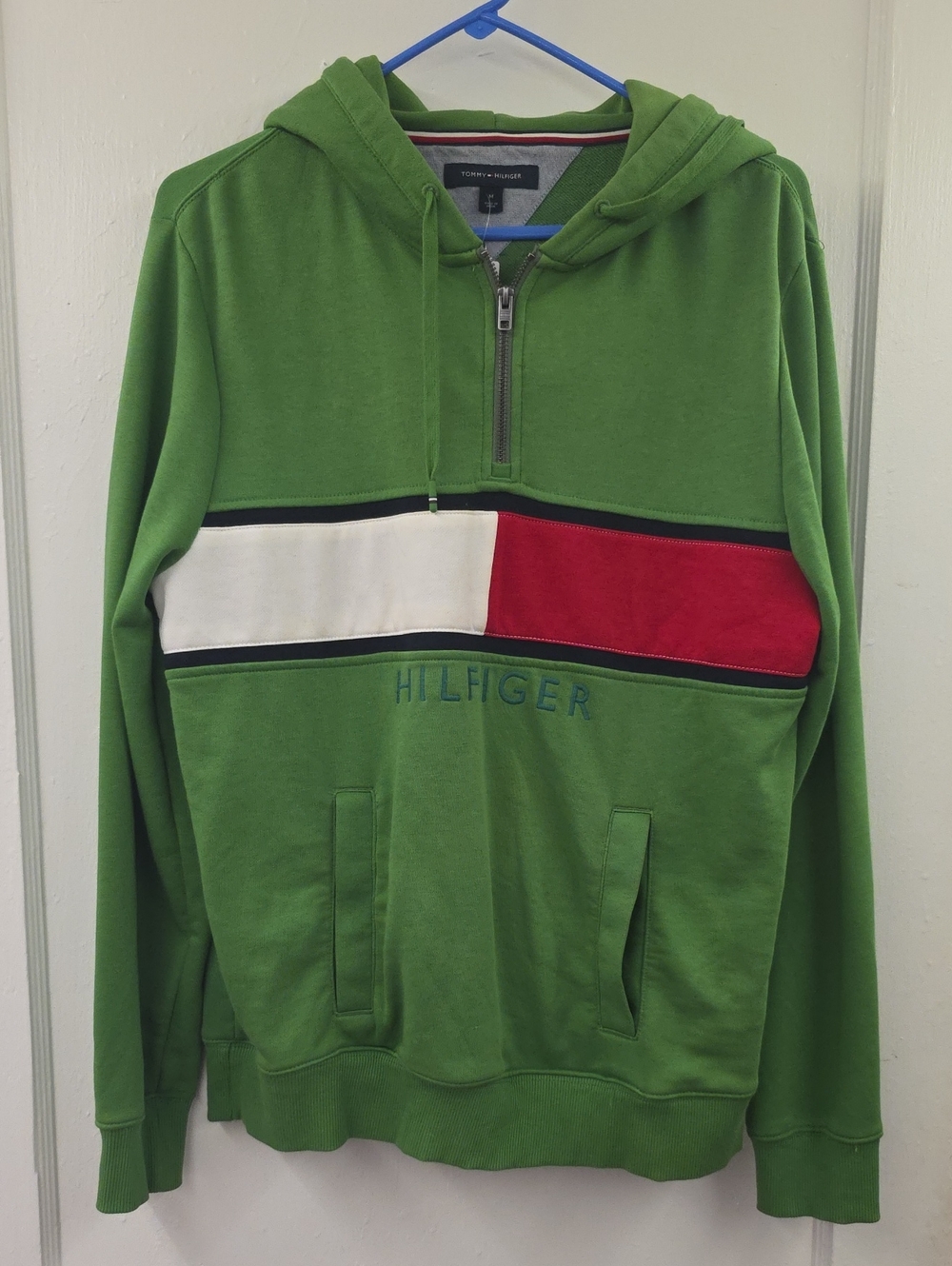 🍁Tommy Hilfiger Green Colorblock 1/4 Zip Hoodie Men's Medium Logo Sweatshirt